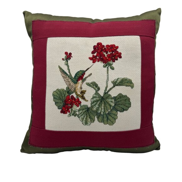 Handmade Needlepoint Hummingbird & Geranium Decorative Throw Pillow Dupioni Silk - Picture 1 of 4